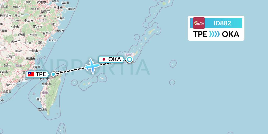 ID882 Batik Air Flight Map: Taipei to Naha