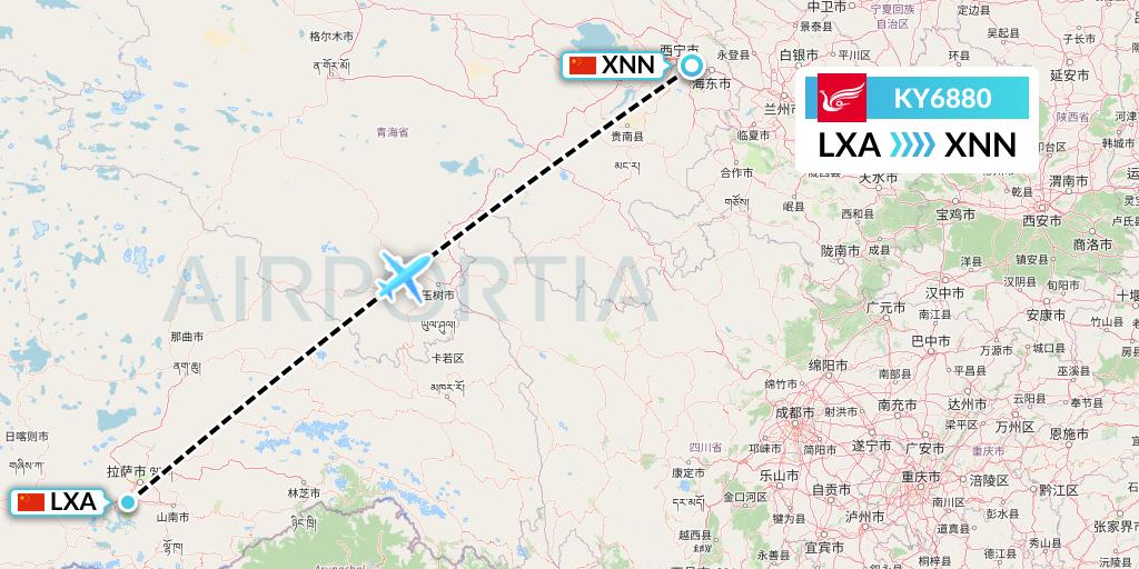 KY6880 Kunming Airlines Flight Map: Lhasa to Xining