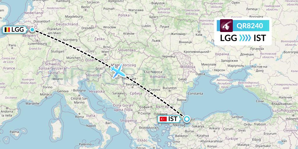 QR8240 Qatar Airways Flight Map: Liege to Istanbul