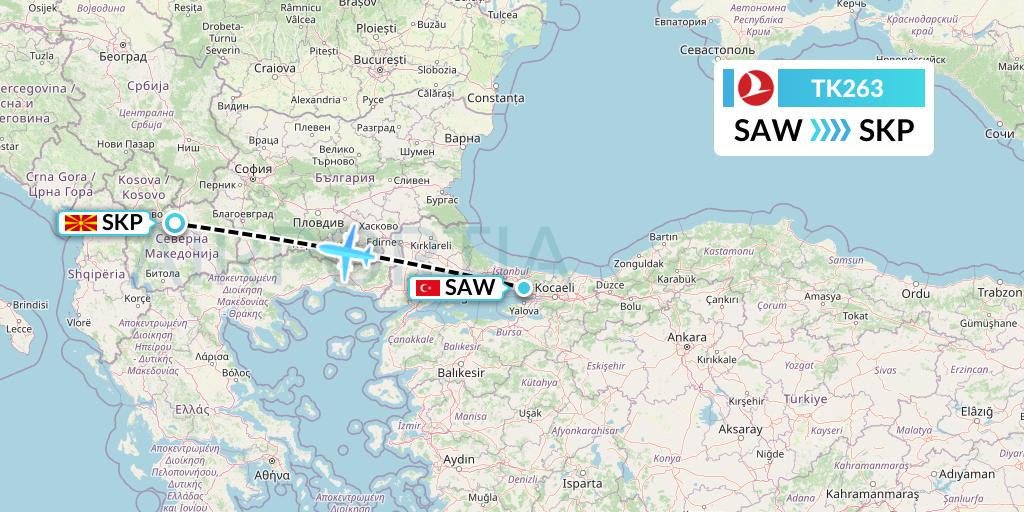 TK263 Turkish Airlines Flight Map: Istanbul to Skopje