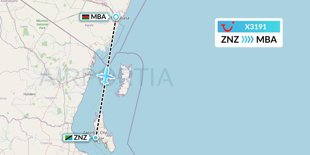 X3191 TUI fly Germany Flight Map: Zanzibar to Mombasa