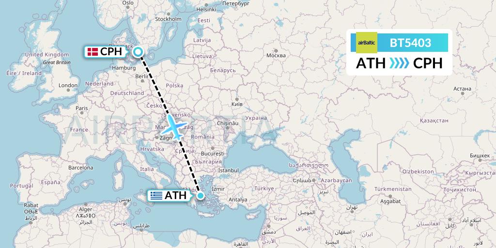 BT5403 Air Baltic Flight Map: Athens to Copenhagen