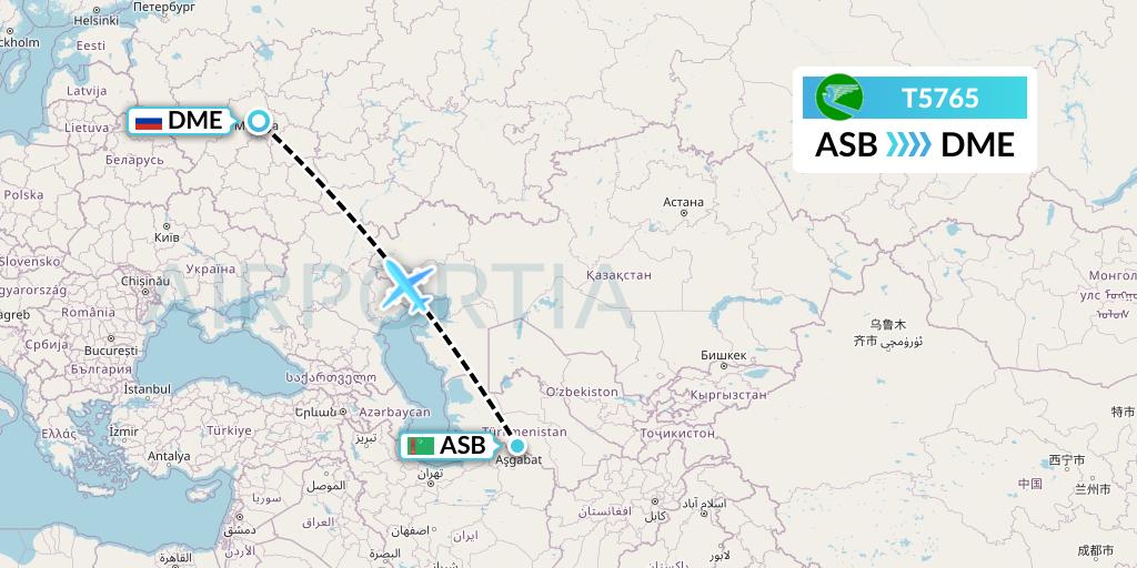 T5765 Turkmenistan Airlines Flight Map: Ashgabat to Moscow