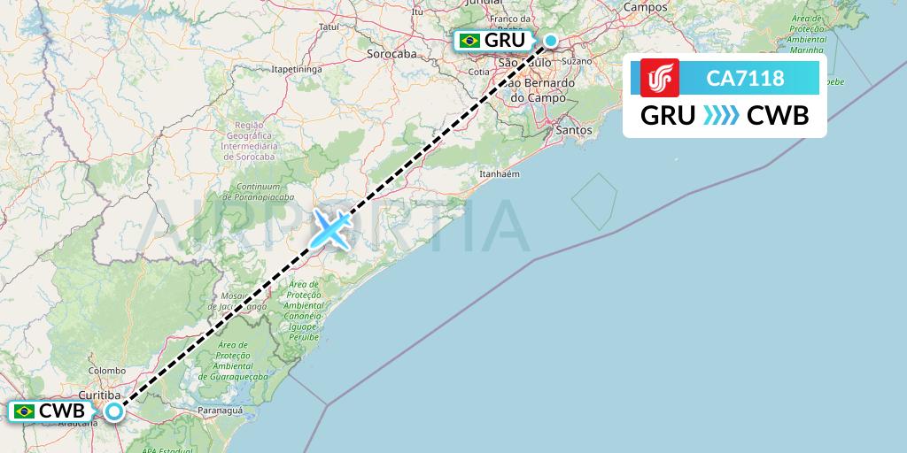 CA7118 Air China Flight Map: Sao Paulo to Curitiba
