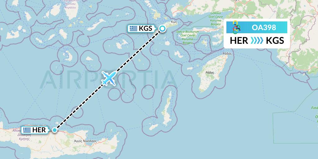 OA398 Olympic Air Flight Map: Heraklion to Kos