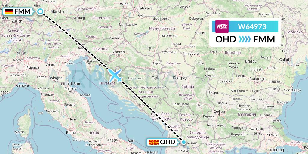 W64973 Wizz Air Flight Map: Ohrid to Memmingen