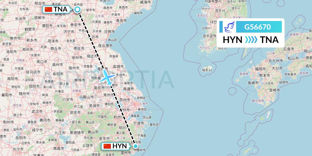 G56670 China Express Airlines Flight Map: Huangyan to Jinan
