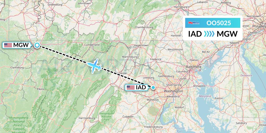 OO5025 SkyWest Airlines Flight Map: Washington to Morgantown