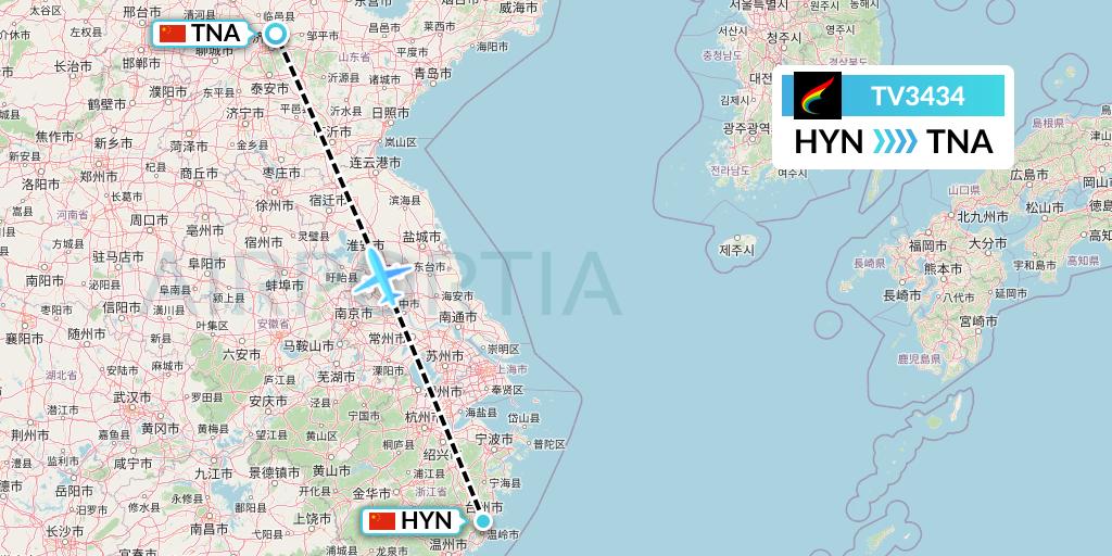 TV3434 Tibet Airlines Flight Map: Huangyan to Jinan