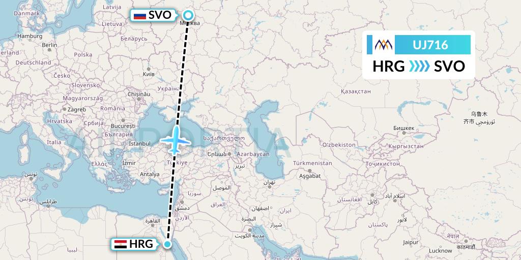 UJ716 AlMasria Universal Airlines Flight Map: Hurghada to Moscow