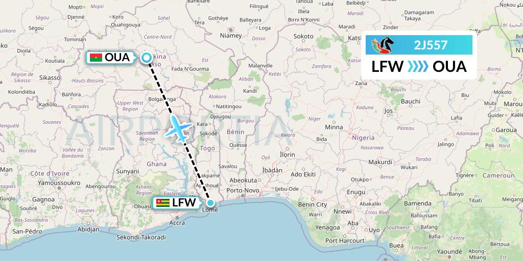 2J557 Air Burkina Flight Map: Lome to Ouagadougou