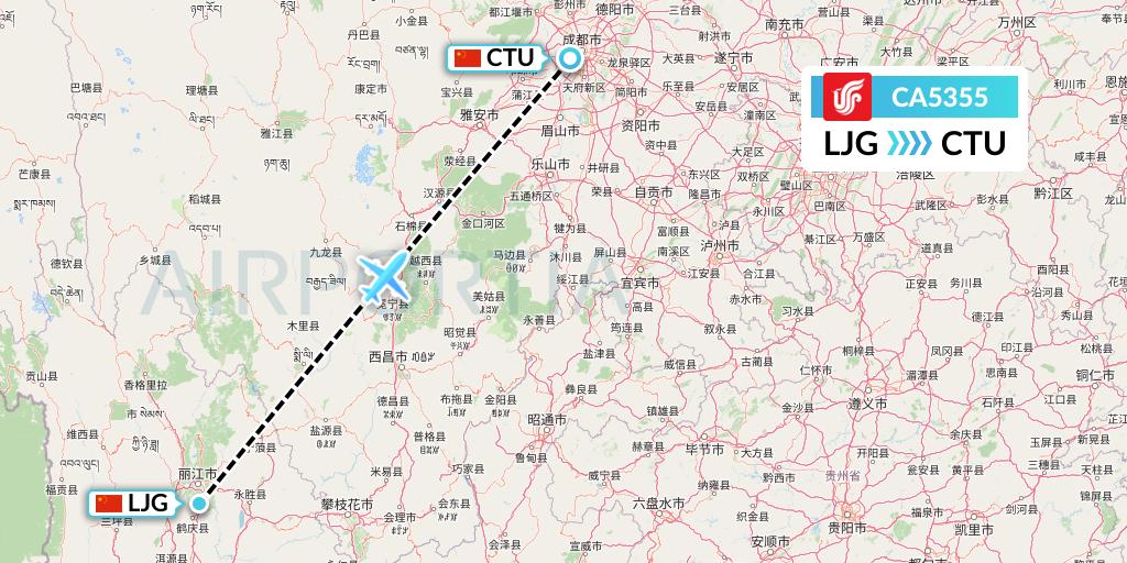 CA5355 Air China Flight Map: Lijiang to Chengdu