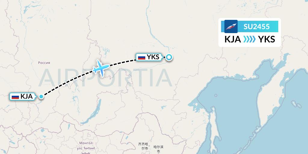 SU2455 Aeroflot Flight Map: Krasnoyarsk to Yakutsk