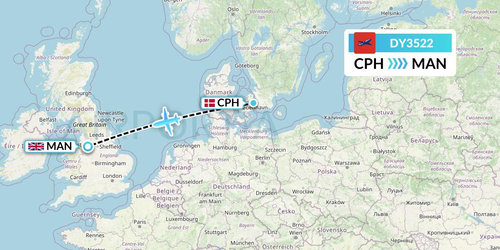 DY3522 Norwegian Flight Map: Copenhagen to Manchester
