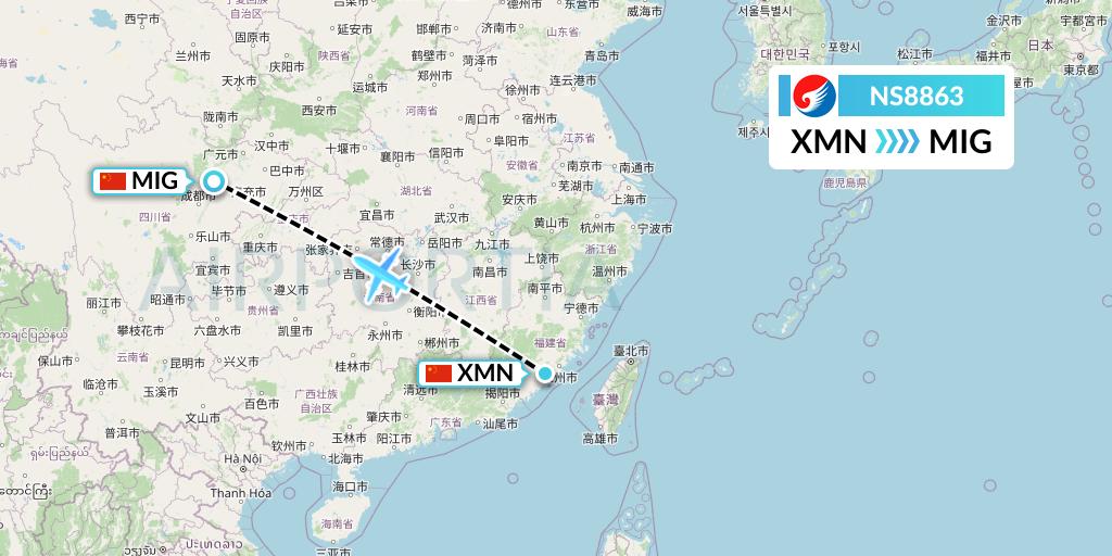 NS8863 Hebei Airlines Flight Map: Xiamen to Mianyang