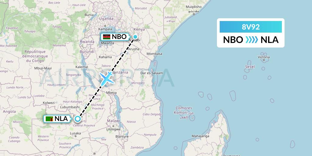 8V92 Wright Air Service Flight Map: Nairobi to Ndola
