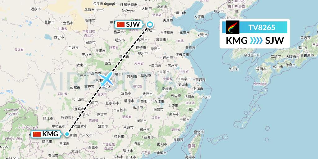 TV8265 Tibet Airlines Flight Map: Kunming to Shijiazhuang