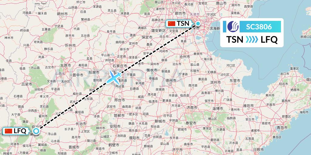 SC3806 Shandong Airlines Flight Map: Tianjin to Yulin