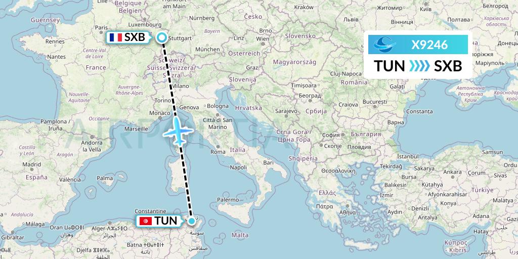 X9246 Avion Express Flight Map: Tunis to Strasbourg