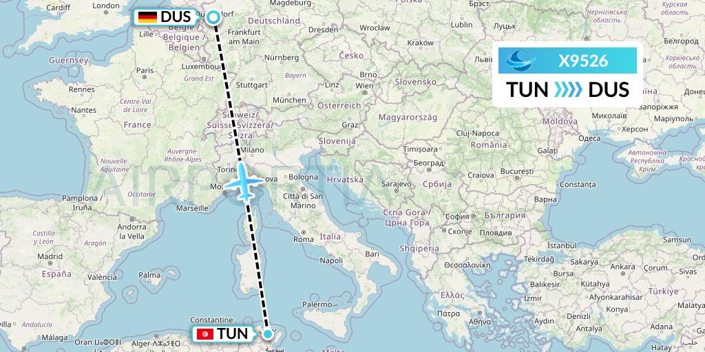 X9526 Avion Express Flight Map: Tunis to Dusseldorf