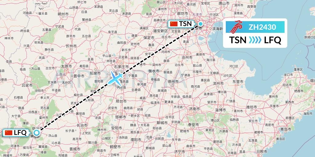 ZH2430 Shenzhen Airlines Flight Map: Tianjin to Yulin