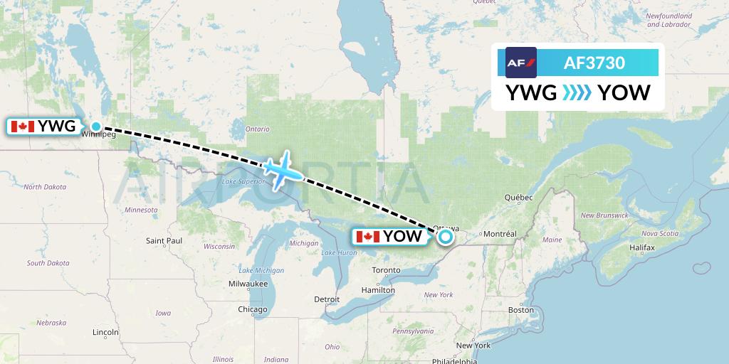 AF3730 Air France Flight Map: Winnipeg to Ottawa