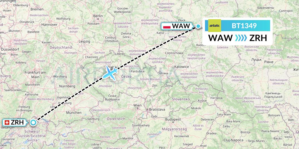 BT1349 Air Baltic Flight Map: Warsaw to Zurich