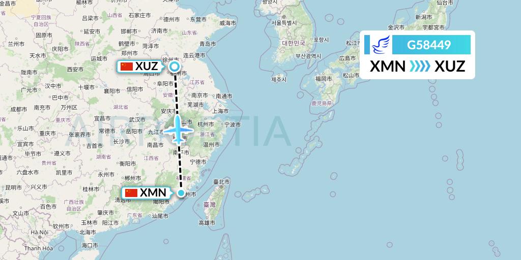 G58449 China Express Airlines Flight Map: Xiamen to Xuzhou