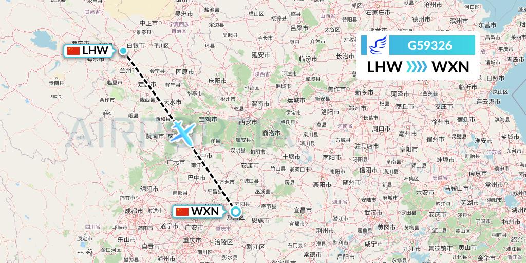 G59326 China Express Airlines Flight Map: Lanzhou to Wanzhou