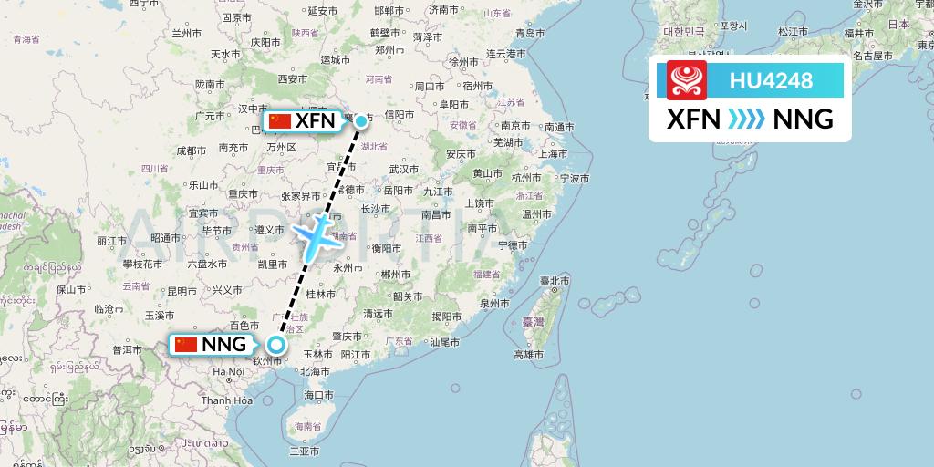 HU4248 Hainan Airlines Flight Map: Xiangyang to Nanning