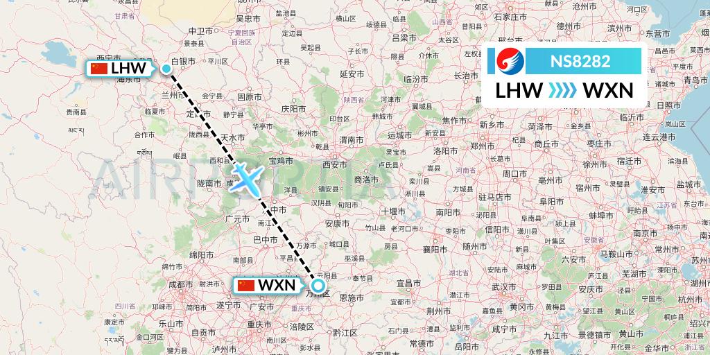 NS8282 Hebei Airlines Flight Map: Lanzhou to Wanzhou