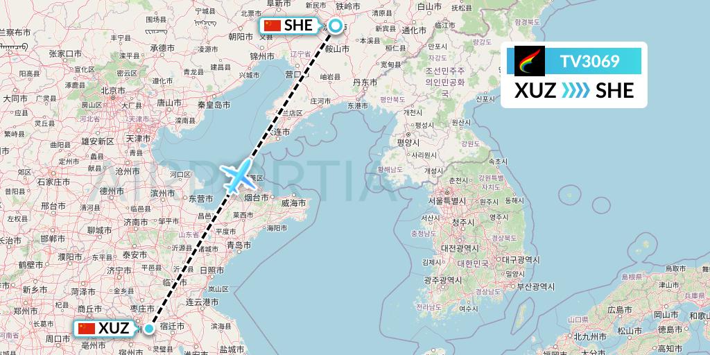 TV3069 Tibet Airlines Flight Map: Xuzhou to Shenyang