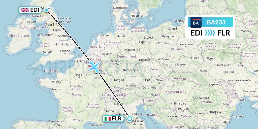 BA933 British Airways Flight Map: Edinburgh to Florence