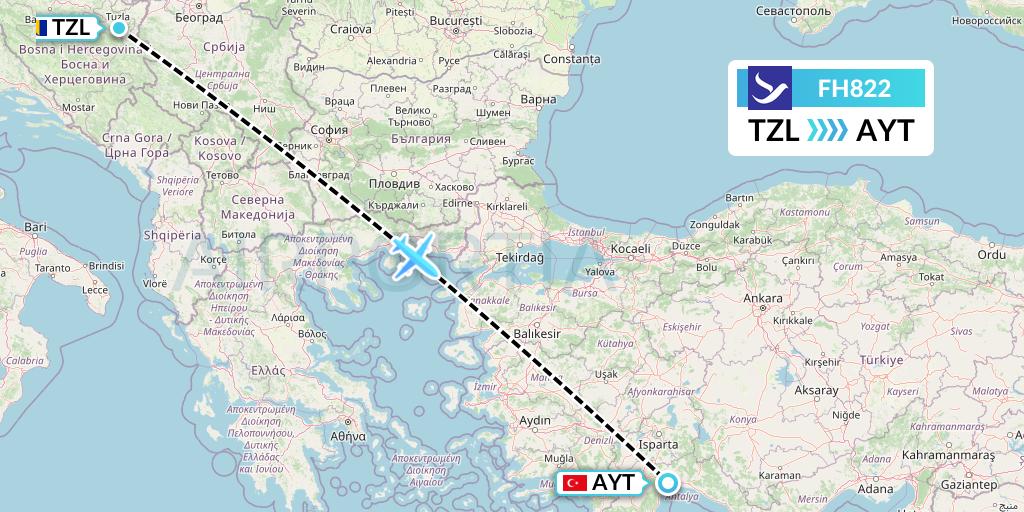 FH822 Freebird Airlines Flight Map: Tuzla to Antalya