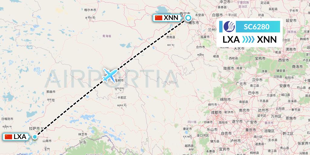 SC6280 Shandong Airlines Flight Map: Lhasa to Xining