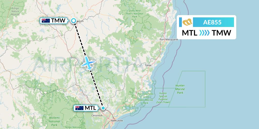 AE855 Mandarin Airlines Flight Map: Australia to Tamworth