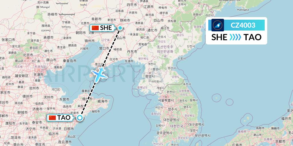 CZ4003 China Southern Airlines Flight Map: Shenyang to Qingdao