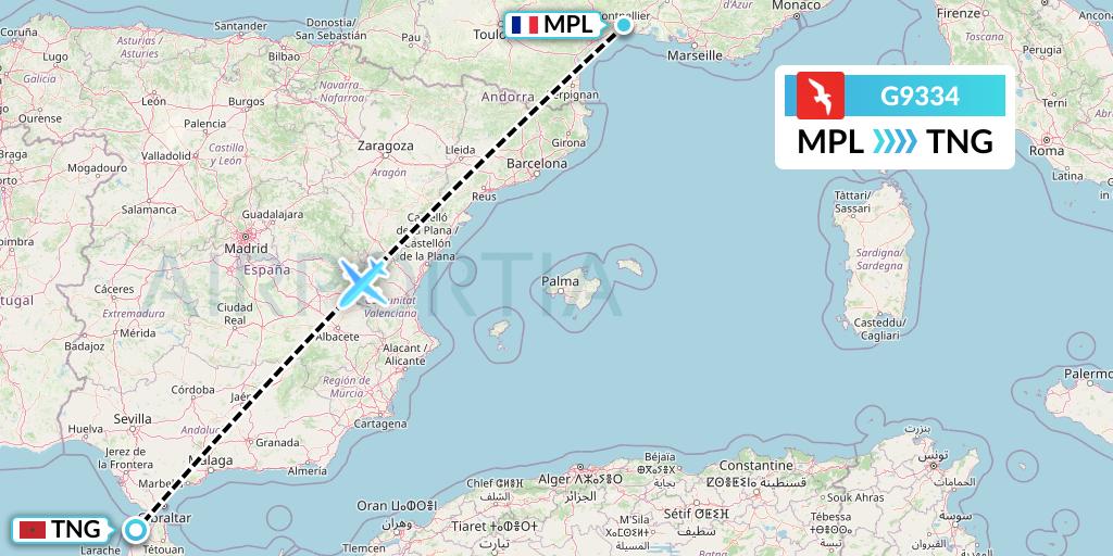 G9334 Air Arabia Flight Map: Montpellier to Tangier