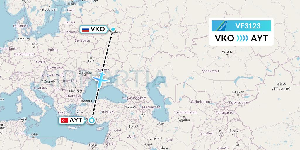 VF3123 ValuAir Flight Map: Moscow to Antalya