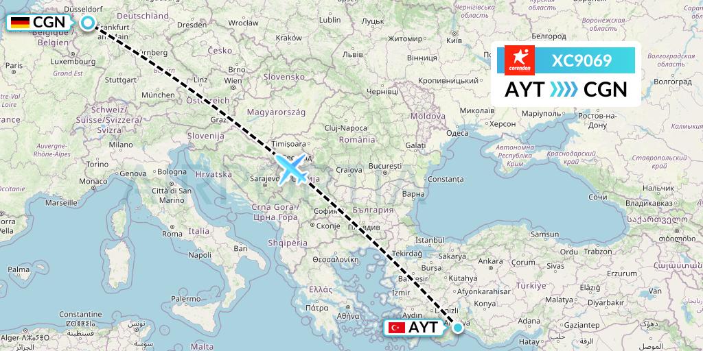 XC9069 Corendon Airlines Flight Map: Antalya to Cologne