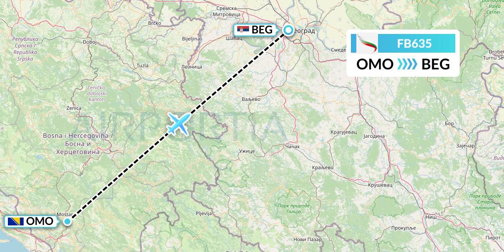 FB635 Bulgaria Air Flight Map: Mostar to Belgrade