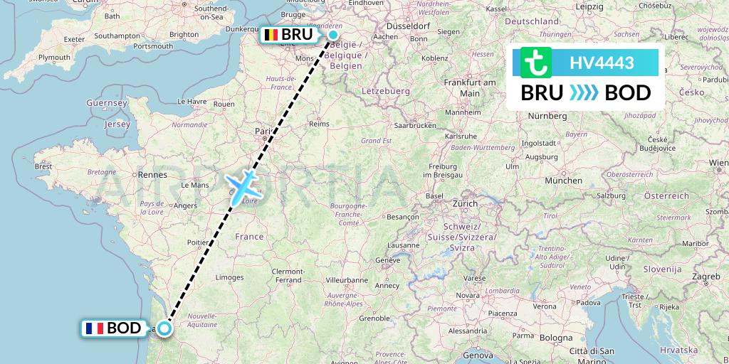 HV4443 Transavia Flight Map: Brussels to Bordeaux