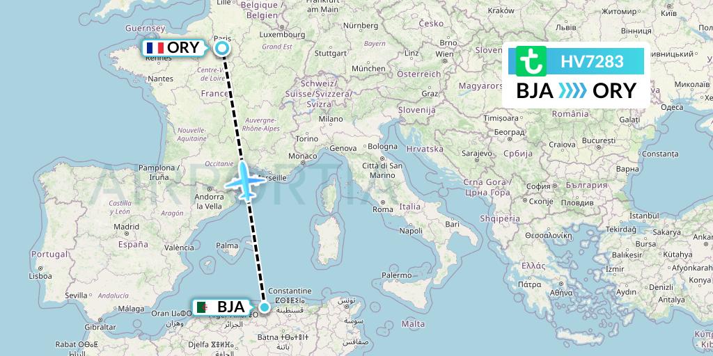 HV7283 Transavia Flight Map: Bejaia to Paris