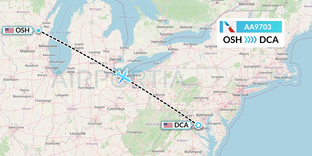AA9703 American Airlines Flight Map: Oshkosh to Washington