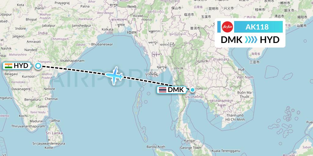 AK118 AirAsia Flight Map: Bangkok to Hyderabad