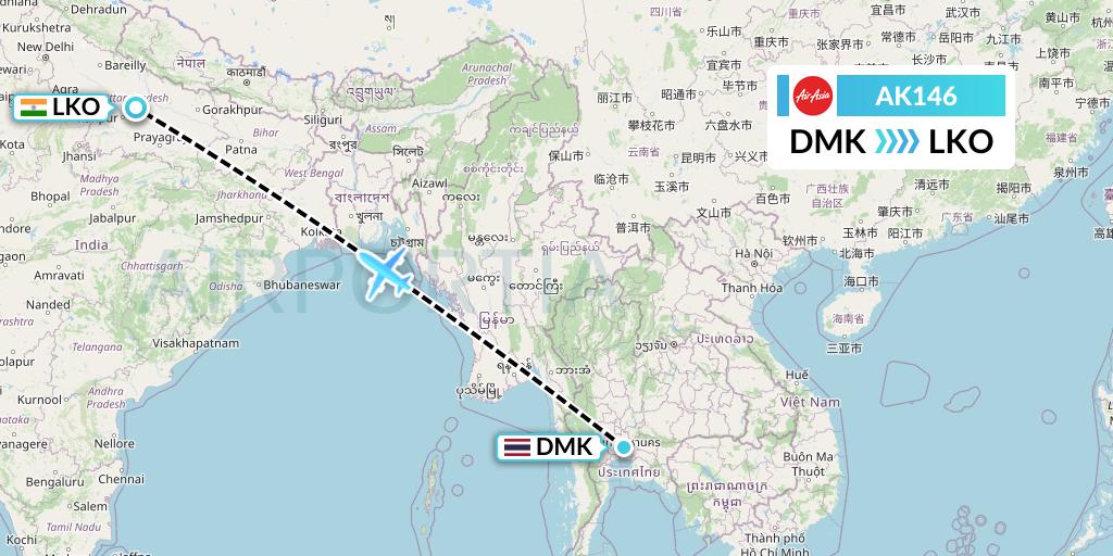 AK146 AirAsia Flight Map: Bangkok to Lucknow