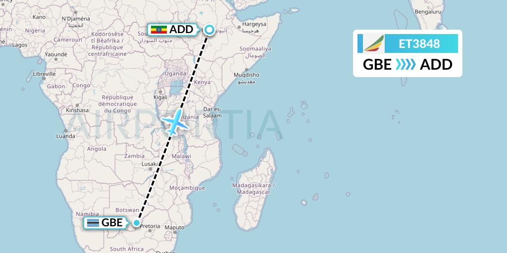 ET3848 Ethiopian Airlines Flight Map: Gaborone to Addis Ababa