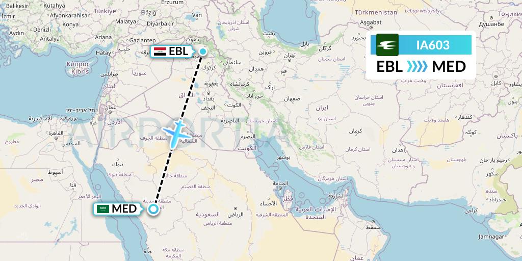 IA603 Iraqi Airways Flight Map: Arbil to Medina