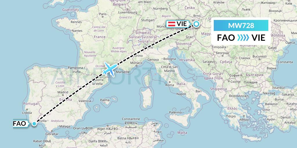 MW728 Mokulele Flight Service Flight Map: Faro to Vienna