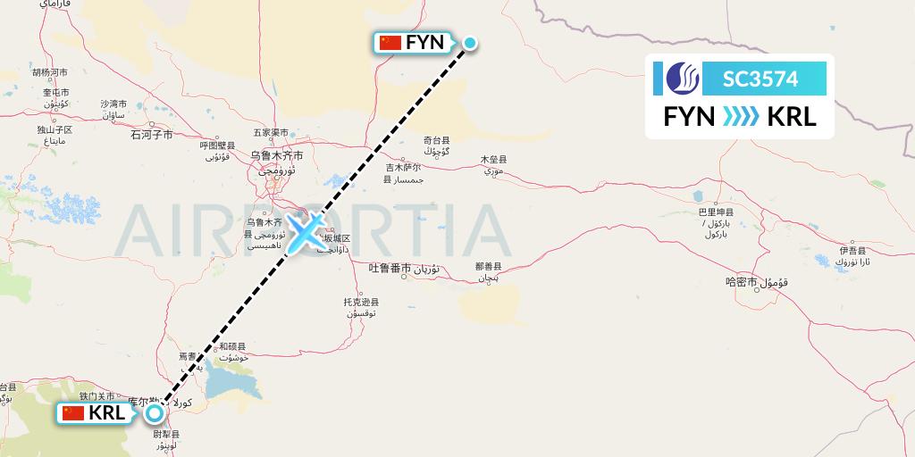 SC3574 Shandong Airlines Flight Map: Fuyun to Korla